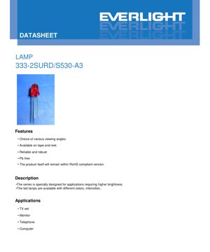 PDF Document Cover - LED Lamp 333-2SURD/S530-A3 Datasheet - 5mm Red Diffused - Voltage 2.4V - Power 60mW - English Technical Document