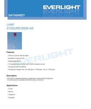 PDF Document Cover - LED Lamp 513SURD/S530-A3 Datasheet - Hyper Red - 180° Viewing Angle - 2.0V Typ. Forward Voltage - 20mcd Typ. Luminous Intensity - English Technical Document