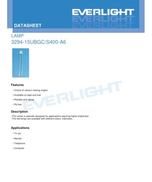 PDF Document Cover - LED Lamp 3294-15UBGC/S400-A6 Datasheet - Super Blue 505nm - 3.5V - 20mA - 90° Viewing Angle - English Technical Document