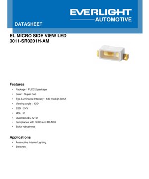PDF Document Cover - 3011-SR0201H-AM LED Datasheet - PLCC-2 Package - Super Red - 580mcd @20mA - 120° Viewing Angle - English Technical Document