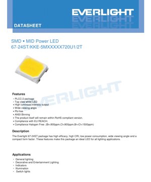 PDF Document Cover - SMD Mid-Power LED 67-24ST Datasheet - Package 3.50x3.50x2.00mm - Voltage 72V max - Current 15mA - White Light - English Technical Document