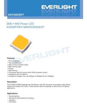 PDF Document Cover - XI3030P SMD Mid-Power LED Datasheet - 3.0x3.0mm - 2.9V Max - 65mA - White - English Technical Document