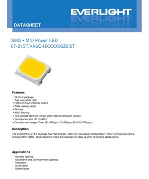 PDF Document Cover - SMD Mid-Power LED 67-21ST Datasheet - PLCC-2 Package - Voltage 9.6V Max - Current 60mA - English Technical Document