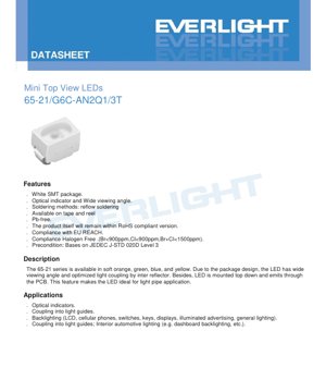 PDF Document Cover - Mini Top View LED 65-21 Series Datasheet - SMT Package - 2.35V Max - Brilliant Yellow Green - 60mW - English Technical Document