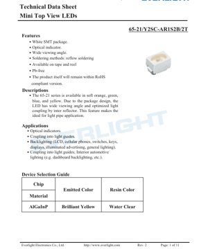 PDF Document Cover - Mini Top View LED 65-21 Series - Brilliant Yellow - 2.0x1.25x0.8mm - 2.35V - 120mW - English Technical Datasheet