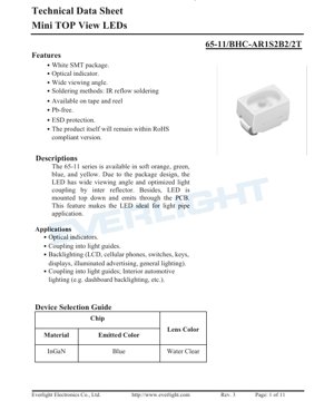 PDF Document Cover - Mini TOP View LED 65-11 Series Datasheet - SMT Package - Blue 468nm - 120° Viewing Angle - 3.2V Typ - 20mA - English Technical Document