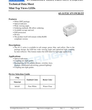 PDF Document Cover - Mini Top View LED 65-11 Series Datasheet - Dimensions 3.2x2.8x1.9mm - Voltage 2.75-3.65V - Power 110mW - White Color - English Technical Document