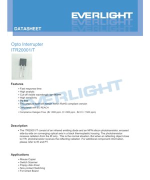 PDF Document Cover - ITR20001/T Opto Interrupter Datasheet - Package 4.0x4.0x2.5mm - Forward Voltage 1.2V - Peak Wavelength 940nm - English Technical Document