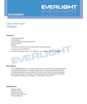 PDF Document Cover - ITR9909 Opto Interrupter Datasheet - Package 4.0mm - Wavelength 940nm - English Technical Document