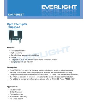 PDF Document Cover - ITR9606-F Opto Interrupter Datasheet - Package 4.0x3.2x2.5mm - Forward Voltage 1.2V - Peak Wavelength 940nm - English Technical Documentation