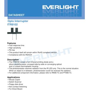 PDF Document Cover - ITR8102 Opto Interrupter Datasheet - Package Dimensions 4.8x4.8x3.2mm - Forward Voltage 1.25V - Peak Wavelength 940nm - English Technical Documentation