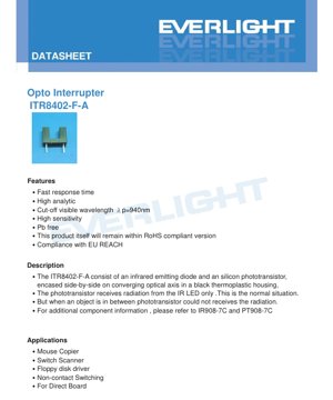 PDF Document Cover - ITR8402-F-A Opto Interrupter Datasheet - Dimensions 4.0x2.0x3.0mm - Forward Voltage 1.2V - Peak Wavelength 940nm - English Technical Document