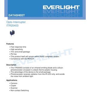 PDF Document Cover - ITR20403 Opto Interrupter Datasheet - Package 4.0x3.0x2.0mm - Forward Voltage 1.6V - Power Dissipation 75mW - Infrared 940nm - English Technical Document