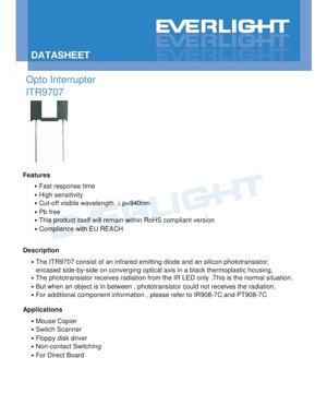 PDF Document Cover - ITR9707 Opto Interrupter Datasheet - Dimensions 7.0x4.0x3.0mm - Forward Voltage 1.2V - Peak Wavelength 940nm - English Technical Documentation