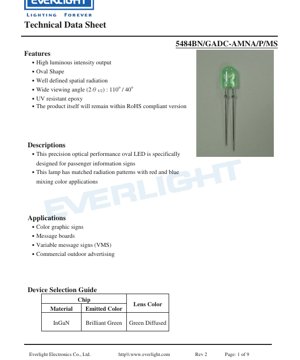 PDF Document Cover - Oval Green LED 5484BN Specification - Dimensions 5.0mm - Voltage 2.8-3.6V - Power 100mW - English Technical Document