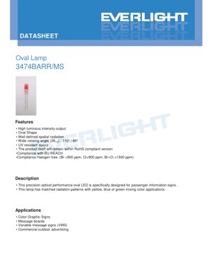 PDF Document Cover - Oval LED Lamp 3474BARR/MS Datasheet - Oval Shape - 110°/60° Viewing Angle - 1.6-2.6V Forward Voltage - Brilliant Red Color - English Technical Document