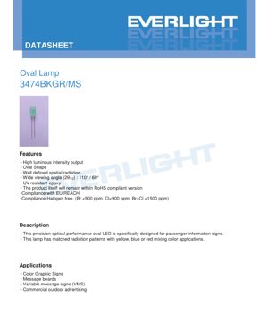 PDF Document Cover - Oval LED Lamp 3474BKGR/MS Datasheet - Oval Shape - 2.4-3.4V - 30mA - Brilliant Green - English Technical Document