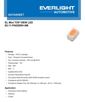 PDF文档封面 - PLCC-2 琥珀色LED规格书 - 荧光粉转换琥珀色 - 120°视角 - 3.0V @ 20mA - 车规级