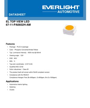 PDF Document Cover - PLCC-2 LED 67-11-PA0602H-AM Datasheet - Phosphor Converted Amber/Yellow - 120deg Viewing Angle - 3.1V - 60mA - English Technical Document