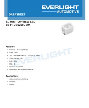 PDF Document Cover - PLCC-2 Blue LED Datasheet - 65-11-UB0200L-AM - Automotive Grade - 120° Viewing Angle - 3.1V - 20mA - English Technical Document