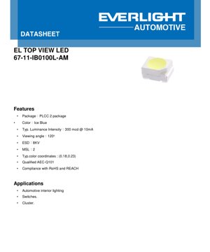 PDF Document Cover - PLCC-2 LED 67-11-IB0100L-AM Datasheet - Ice Blue - 120\u00b0 Viewing Angle - 3.1V - 10mA - English Technical Document