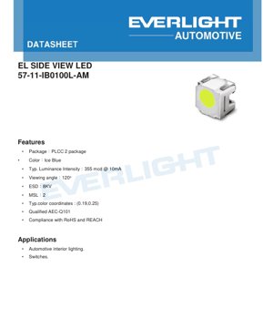 PDF Document Cover - PLCC-2 Ice Blue LED Datasheet - Automotive Grade - 120° Viewing Angle - 355mcd @ 10mA - 3.0V - English Technical Document