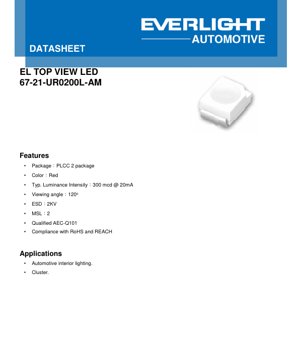 PDF Document Cover - PLCC-2 Red LED 67-21-UR0200L-AM Datasheet - 120\u00b0 Viewing Angle - 300mcd @ 20mA - 2.0V - Automotive Grade - English Technical Document