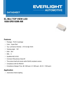 PDF Document Cover - 1608-SR0100M-AM PLCC-2 Super Red LED Datasheet - Size 1.6x0.8mm - Voltage 2.1V - Power 0.05W - English Technical Document