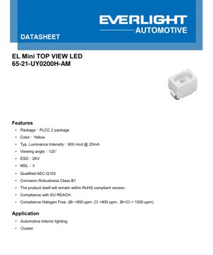PDF Document Cover - PLCC-2 Yellow LED Datasheet - Package 2.0x1.25x0.8mm - Voltage 2.0V - Power 40mW - English Technical Document