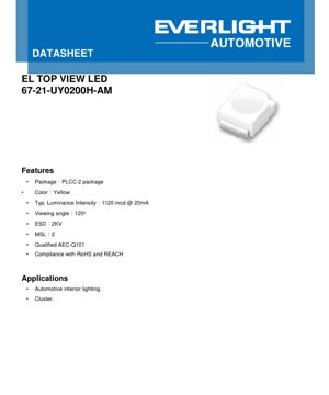 PDF Document Cover - PLCC-2 Yellow LED Datasheet - Package 3.2x2.8x1.9mm - Voltage 2.0V - Power 0.04W - English Technical Document