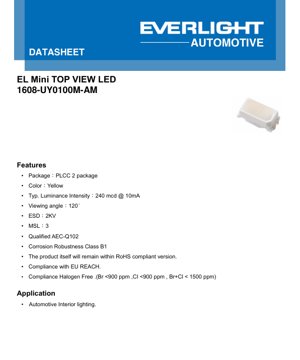 PDF Document Cover - 1608-UY0100M-AM PLCC-2 Yellow LED Datasheet - 1.6x0.8mm - 2.1V Typ - 10mA - Automotive Interior Lighting