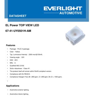 PDF Document Cover - PLCC-4 Yellow LED Datasheet - Package 3.5x2.8x1.9mm - Forward Voltage 2.2V - Luminous Intensity 2300mcd - English Technical Document