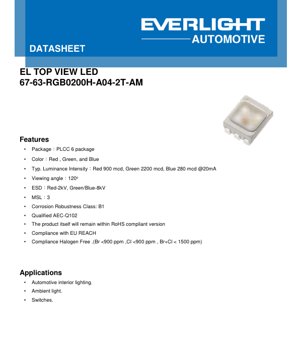PDF Document Cover - PLCC-6 RGB LED Datasheet - 120° Viewing Angle - Red 1.95V, Green 2.75V, Blue 3.00V @20mA - Automotive Grade