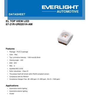 PDF Document Cover - PLCC-2 Red LED Datasheet - 120° Viewing Angle - 2.0V Typ - 40mW - Automotive Grade - English Technical Document