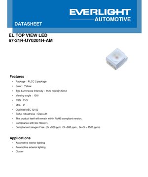 PDF Document Cover - PLCC-2 Yellow LED Datasheet - 0201 Package - 2.10V Typ - 1120mcd @20mA - Automotive Grade
