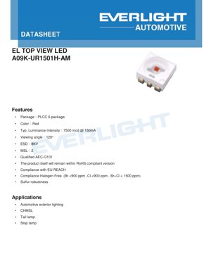 PDF Document Cover - PLCC-6 Red LED A09K-UR1501H-AM Datasheet - 120° Viewing Angle - 2.15V @150mA - 7500mcd - English Technical Document