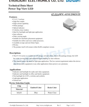 PDF Document Cover - Power Top View LED 67-31A Series Technical Data Sheet - P-LCC-3 Package - 3.95V Max - 110mW - Blue - English
