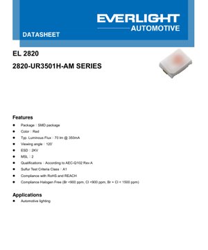 PDF Document Cover - 2820 Red LED Datasheet - SMD Package 2.8x2.0mm - 2.4V Typ - 70lm @ 350mA - Automotive Grade