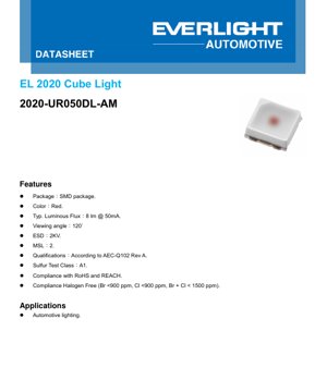PDF Document Cover - 2020 Cube Light Red LED Datasheet - 2.0x2.0x0.8mm - 2.3V - 0.115W - English Technical Document
