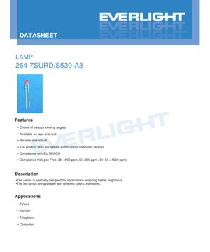 PDF Document Cover - LED Lamp 264-7SURD/S530-A3 Datasheet - Brilliant Red - 20mA - 125mcd - English Technical Document