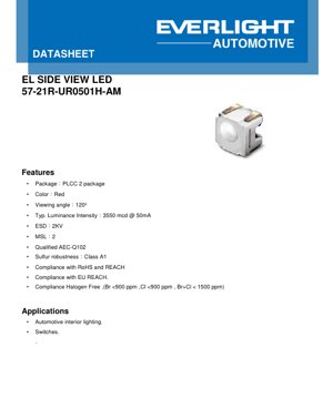 PDF Document Cover - PLCC-2 Red LED Datasheet - 120° Viewing Angle - 3550mcd @ 50mA - 2.2V - Automotive Grade - English Technical Document