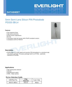 PDF Document Cover - PD333-3B/L4 Photodiode Datasheet - 5mm Semi-Lens - Silicon PIN - Black Package - English Technical Document