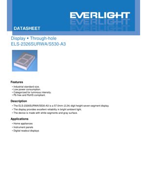 PDF Document Cover - ELS-2326SURWA/S530-A3 Seven Segment Display Datasheet - 57.0mm Digit Height - 2.0V Forward Voltage - Brilliant Red - English Technical Document