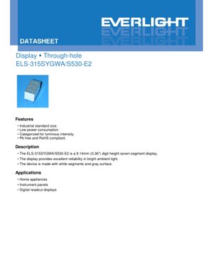 PDF Document Cover - Seven Segment Display ELS-315SYGWA/S530-E2 Datasheet - Size 9.14mm Digit Height - Yellow-Green Color - 2.0V Forward Voltage - English Technical Document