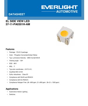 PDF Document Cover - PLCC-2 Side View LED 57-11-PA0301H-AM Datasheet - Phosphor Converted Amber/Yellow - 120° Viewing Angle - 3.25V Typ. - 30mA - English Technical Document
