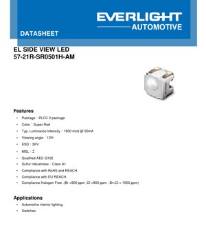 PDF Document Cover - PLCC-2 Side View LED Datasheet - Super Red - 1900mcd @ 50mA - 120° Viewing Angle - English Technical Document