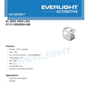 PDF Document Cover - Side View Red LED 57-21-UR0200H-AM Datasheet - PLCC-2 Package - 2.0V - 1120mcd - Automotive Grade