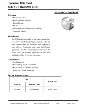 PDF Document Cover - Side View Red SMD LED 57-21 Series - Package Dimensions 2.0x1.25x0.7mm - Forward Voltage 1.75-2.35V - Luminous Intensity 45-112mcd - Technical Documentation