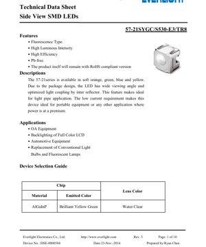 PDF Document Cover - Side View SMD LED 57-21 Series Datasheet - Package Dimensions 2.0x1.25x0.7mm - Forward Voltage 2.0V - Luminous Intensity 51mcd - Yellow Green Color - English Technical Document