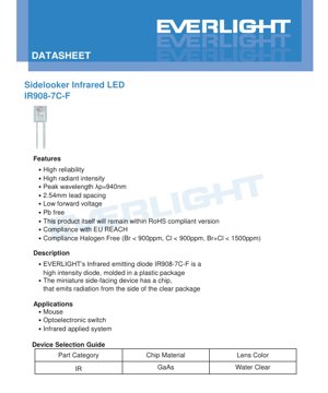 PDF Document Cover - Sidelooker Infrared LED IR908-7C-F Datasheet - Side-Emitting Package - Peak Wavelength 940nm - Forward Voltage 1.25V - View Angle 40deg - English Technical Document